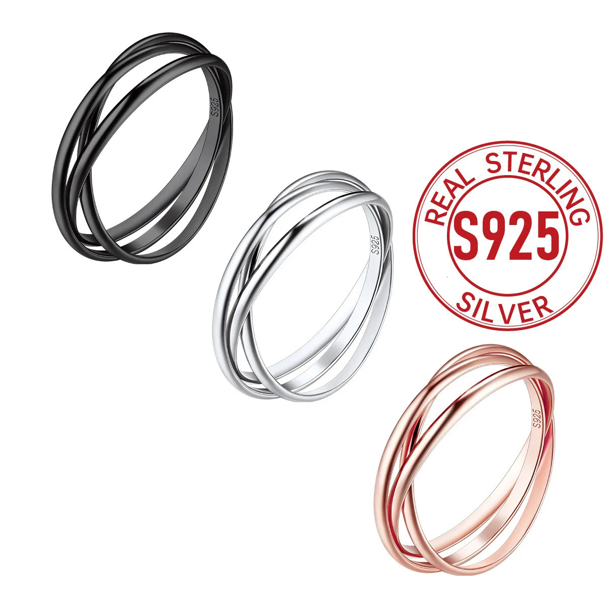 U7 925 Womens Silver Interlocking Ring Triple Interlocking Flat Rolling Ring Anniversary Birthday Jewelry Gift 241209