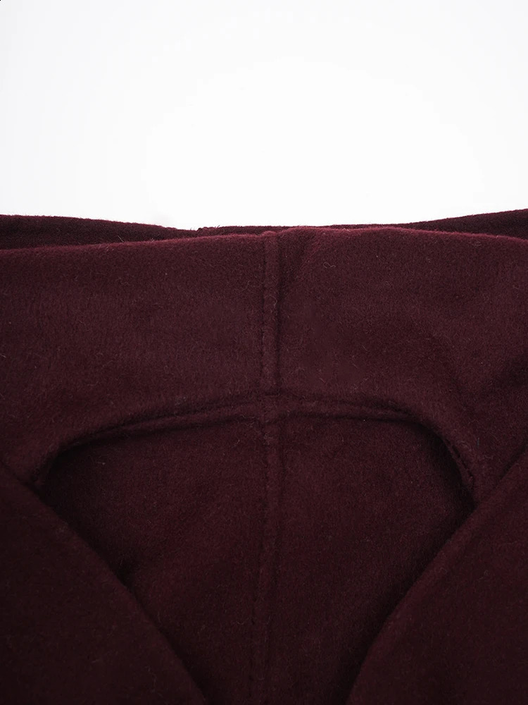 EAM wine red fur cuffs large size long wool coat hooded long sleeved womens jacket fashionable trend winter CPG2467 241205