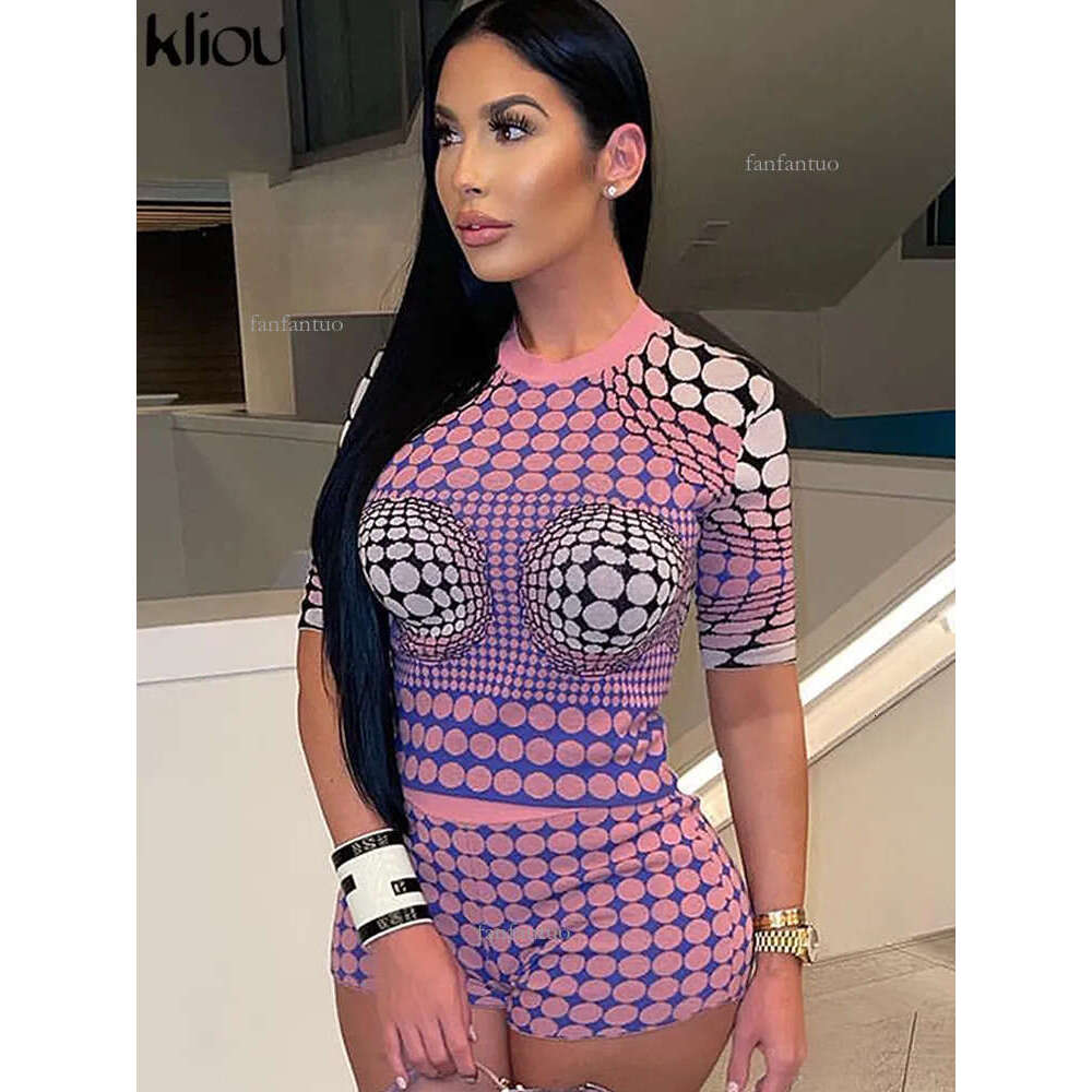 Women s Two Piece Pants Kliou Aesthetic Polka Dots Print Set Women Casual O neck Half Sleeve Slim Fit Tops Fashion Streetwear Hipster Shorts 230106