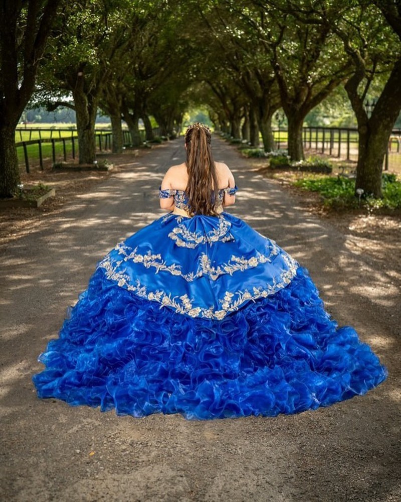 Blue Lace Appliqued Ball Gown Quinceanera Dresses Beaded Prom Gowns Off The Shoulder Necke Sixteen Sweet 15 Organza Masquerade Dress 0219