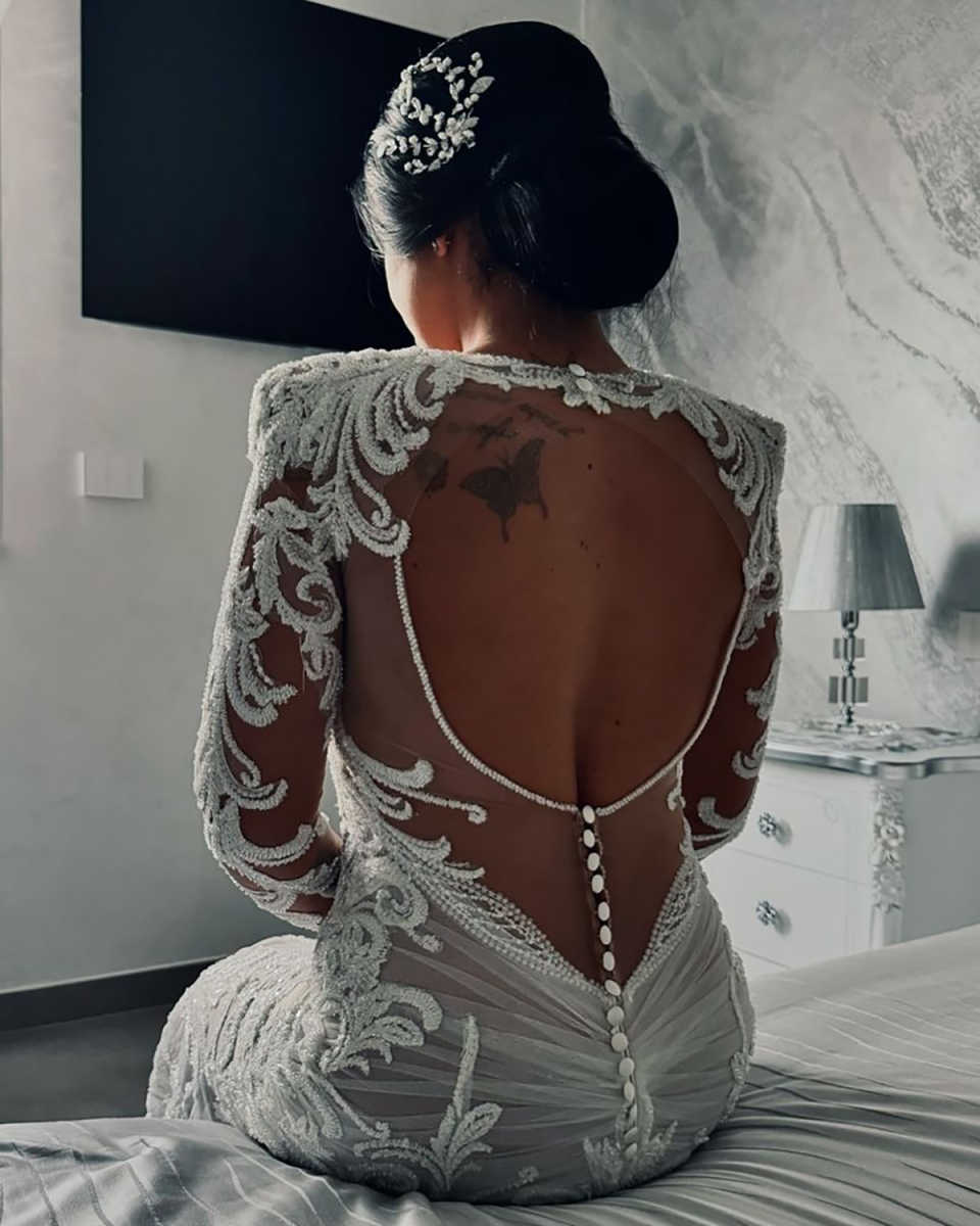 Fashion Mermaid Wedding Dresses For Women V Neck Long Sleeves Gown Sequins Appliques Backless Sweep Train Customized Dress Party Vestido De Novia