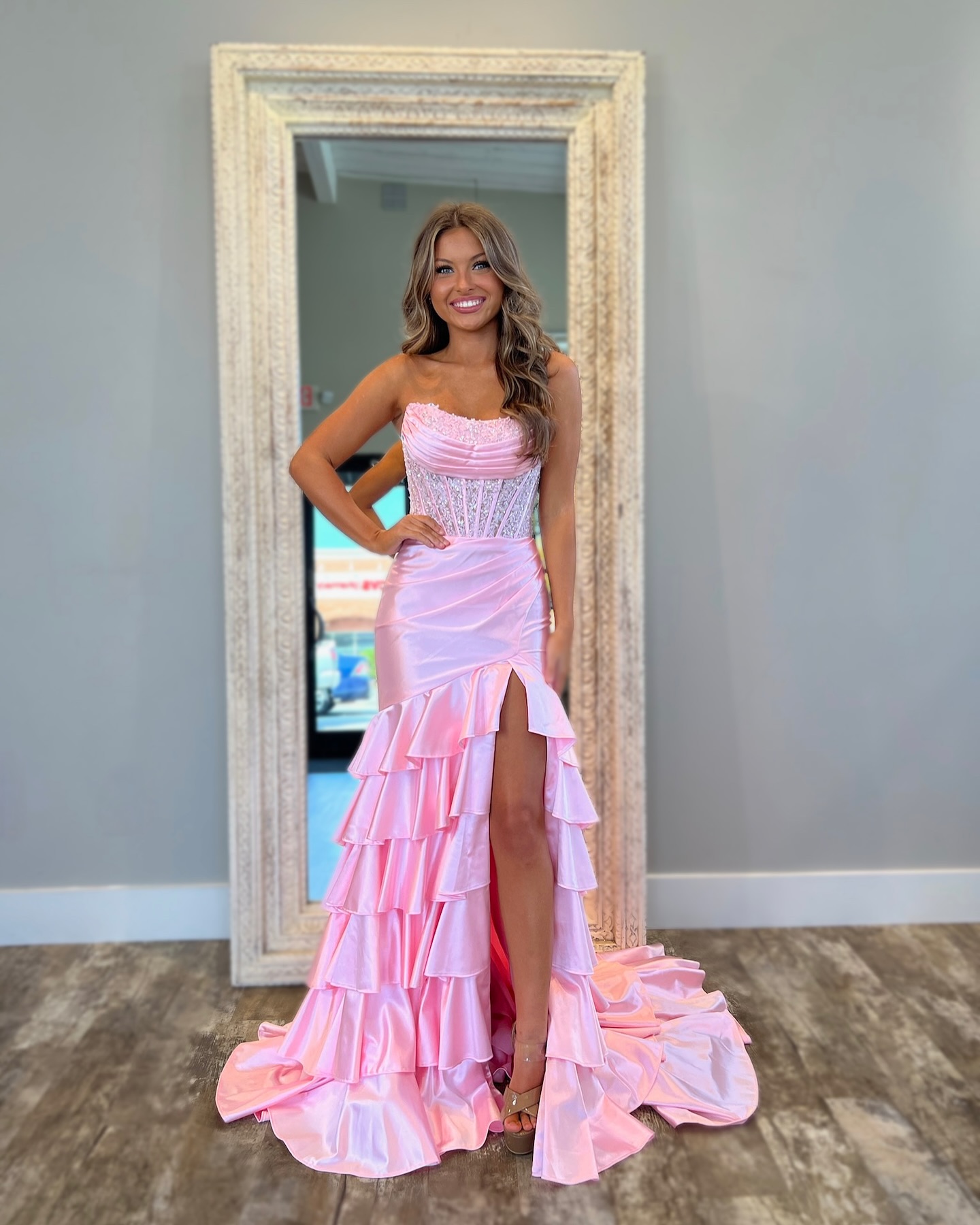 Pink Gorgeous Mermaid Prom Dress Bone Bodice Strapless Evening Tiered Skirt Front Split Dresses For Special Ocns D es