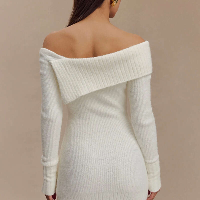 2024 European and American new hip hing women's sexy off one shoulder long sleeved knitted dress short skirt women