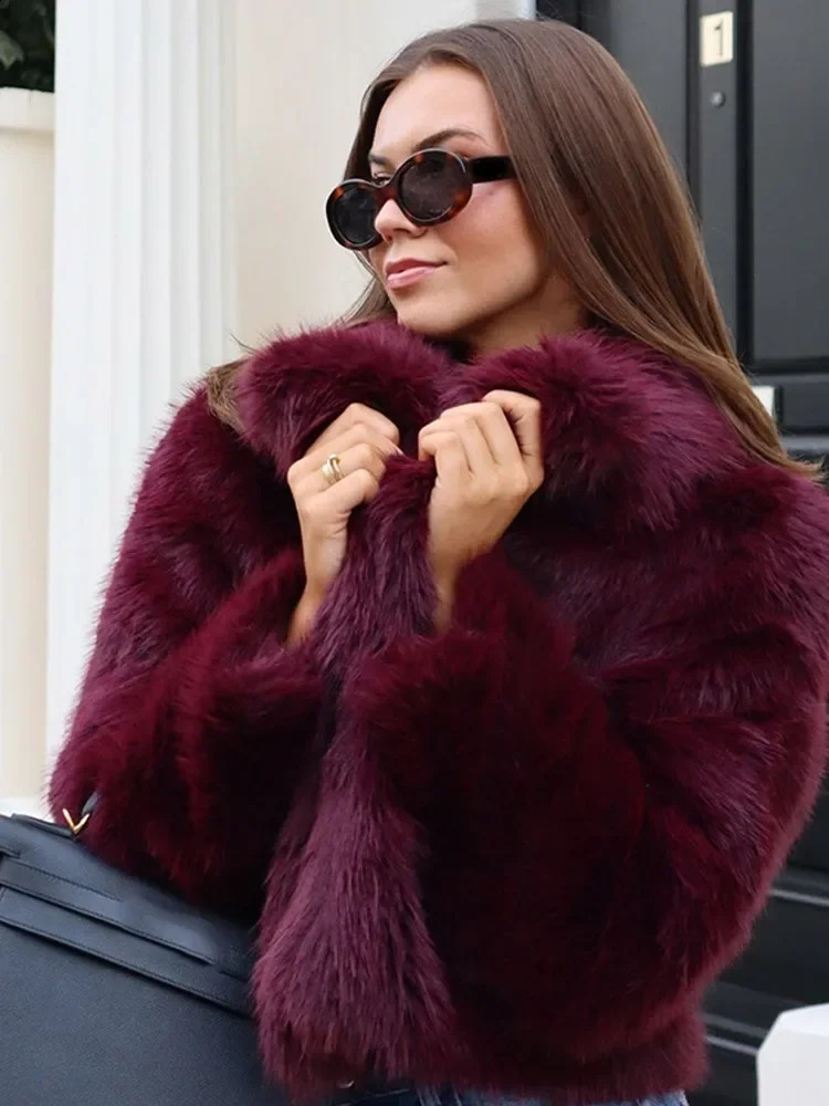 Fashion Burgundy Red Fluffy Faux Fur Short Coat Solid Lapel Full Sleeve Warm Jacket Winter Chic High Street Outerwear 241202 - view 6