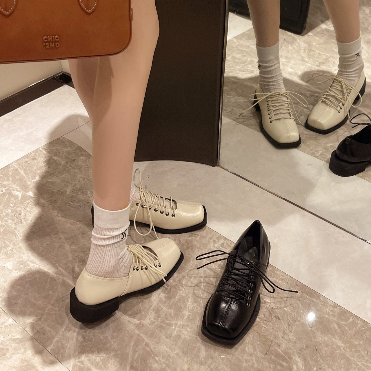 Women Dress Shoes:Thick Sole High Heel Simple Design Fashion Versatile British Style Leather Shoes,Black/Apricot,Free shipping