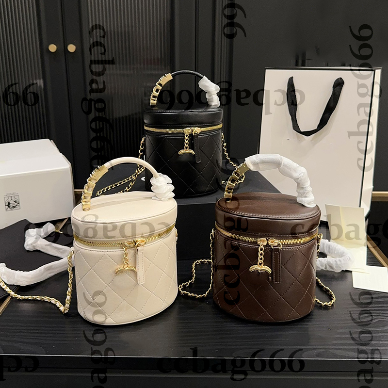 Womens Calfskin Top Portable Handle Tote Bucket Makeup Cosmetic Case Bags Gold Matelase Chain Crossbody Handbags Letter Charms Vanity Purse 14x15cm