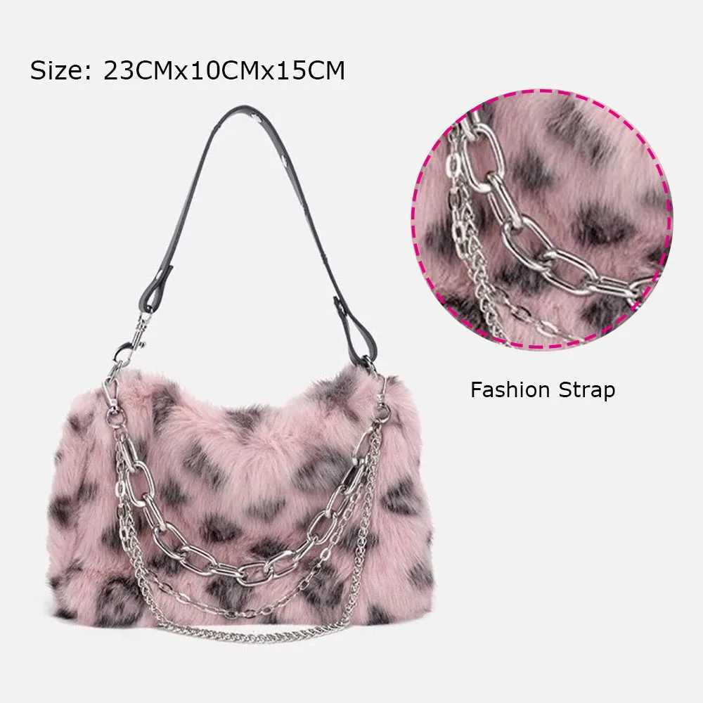 Wen Faux Fur Winter Fi Shoder Bag Leopard Print Cluh Purses Fluffy Plush Fem Handbags with Chain Strap Z241210