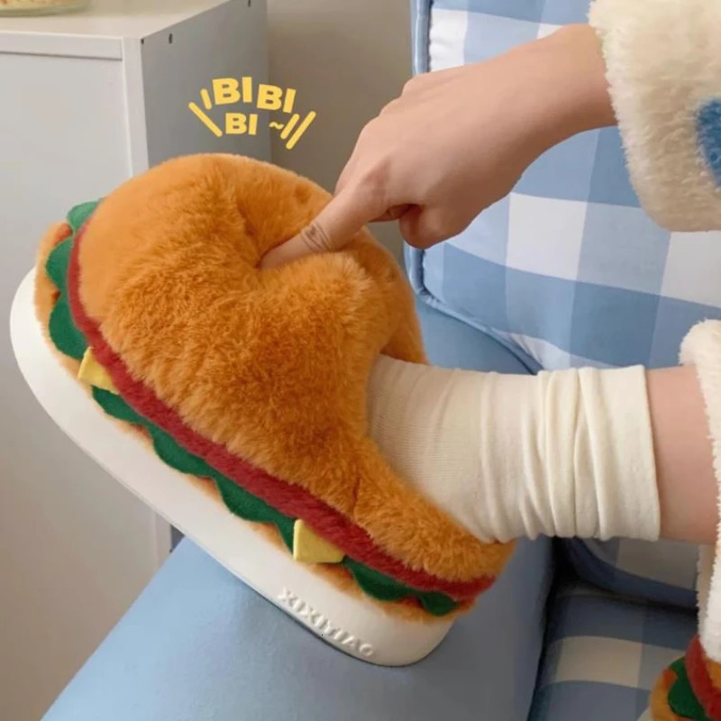 Women Winter Warm Slippers Cute Cartoon Hamburger Home Floor Platform Shoes Thick Sole Soft Plush Girls Indoor Fluffy Slipper 241211