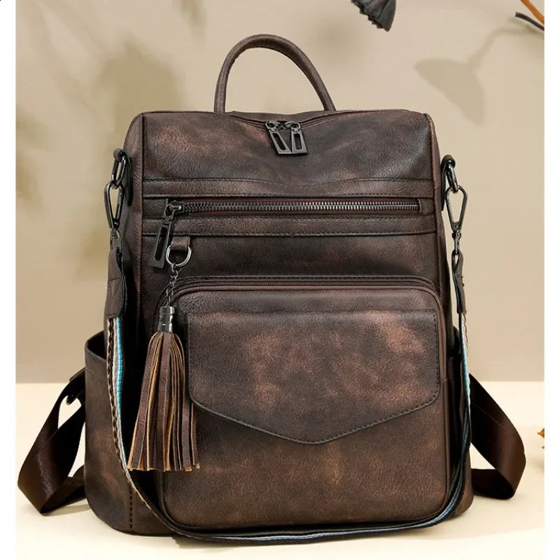 Backpack for Women Large Womens Leather Travel Fashion Purse Ladies Shoulder Bags with Tassel Twotoned Brown 241203