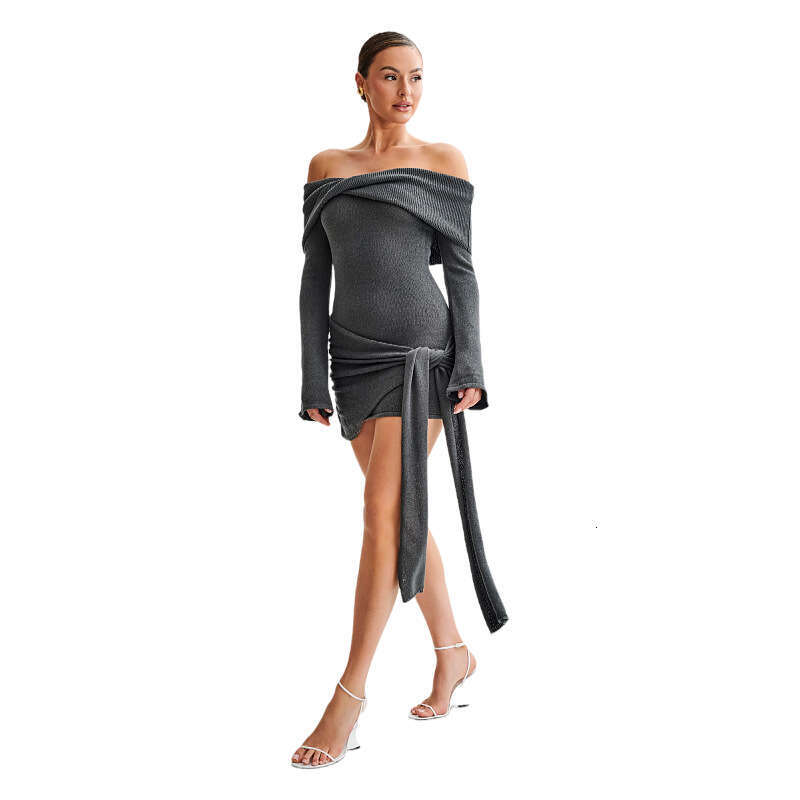 2024 New European and American Woolen Women's Sexy Off Shoulder Long Sleeve Strap Knitted Dress Short Skirt Women