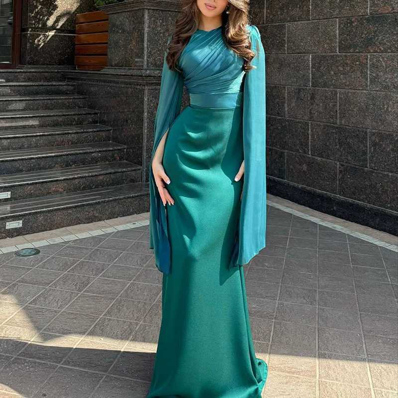 Fashion Satin Solid Robe Dress Ladies Temperament O-neck Slim Evening Dress Elegant Batwing Sleeves High Waist Pleats Long DressXJ241210
