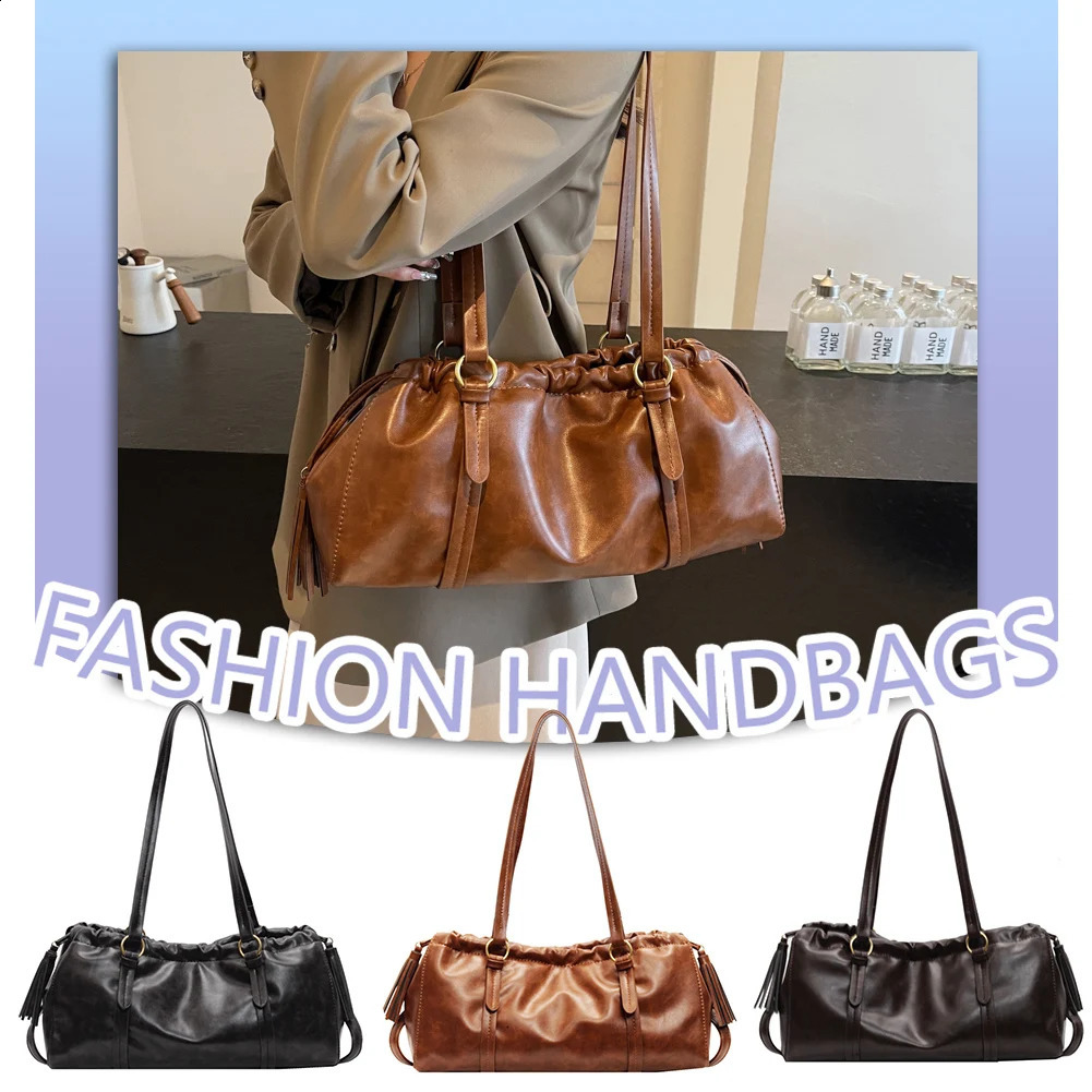 Womens Retro Vintage Tote Bag Large Capacity PU Leather Boston Ruched Bag Buckle Closure Fashion Drawstring Handbags Solid Color 241210