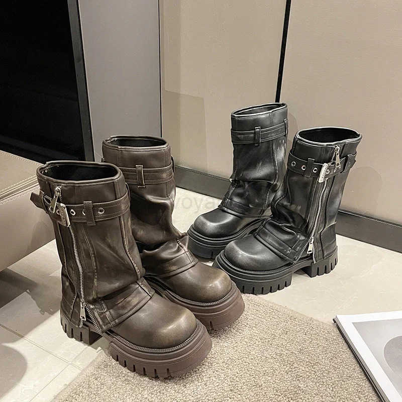 New Desinger Zipper Buckle Belt decorate Wen Platform Mid-Calf Boots Chunky Punk/Motorcycle/Goth shoes Booties Black/Brown Z241211