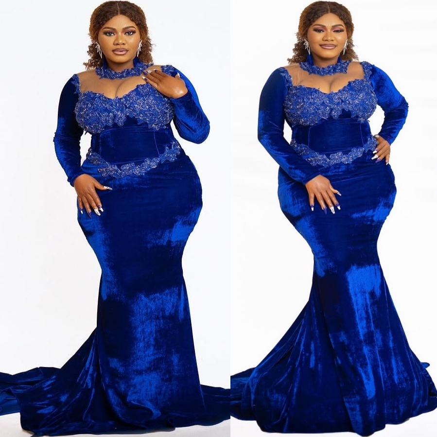 Royal Blue Mermaid Prom Dresses 2025 Lace Full Sleeves Velvet Evening Formal Party Second Birthday Engagement Gowns Plus Size Dress For Special Occasi