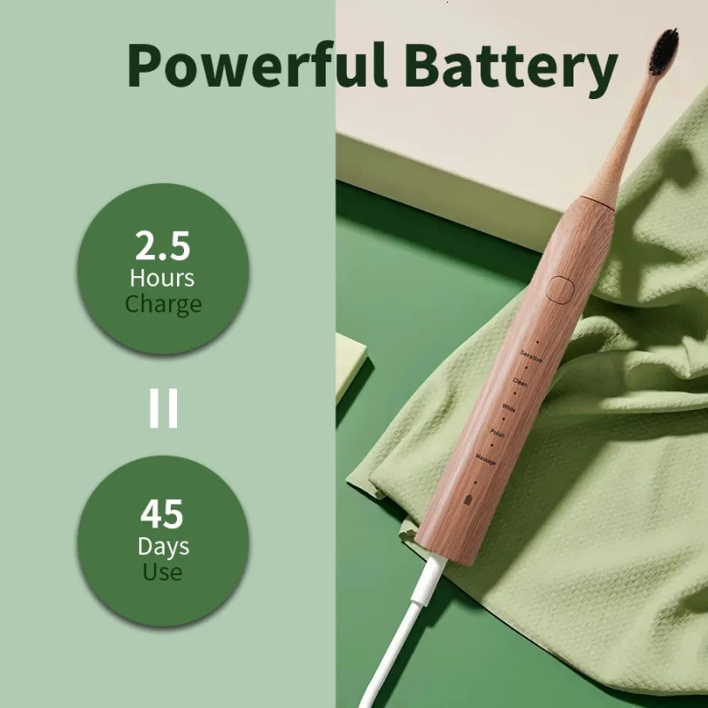 Environmentally friendly electric toothbrush bamboo brush head IPX7 circular DuPont soft bristle sonic health oral and dental cleaning gift 241209