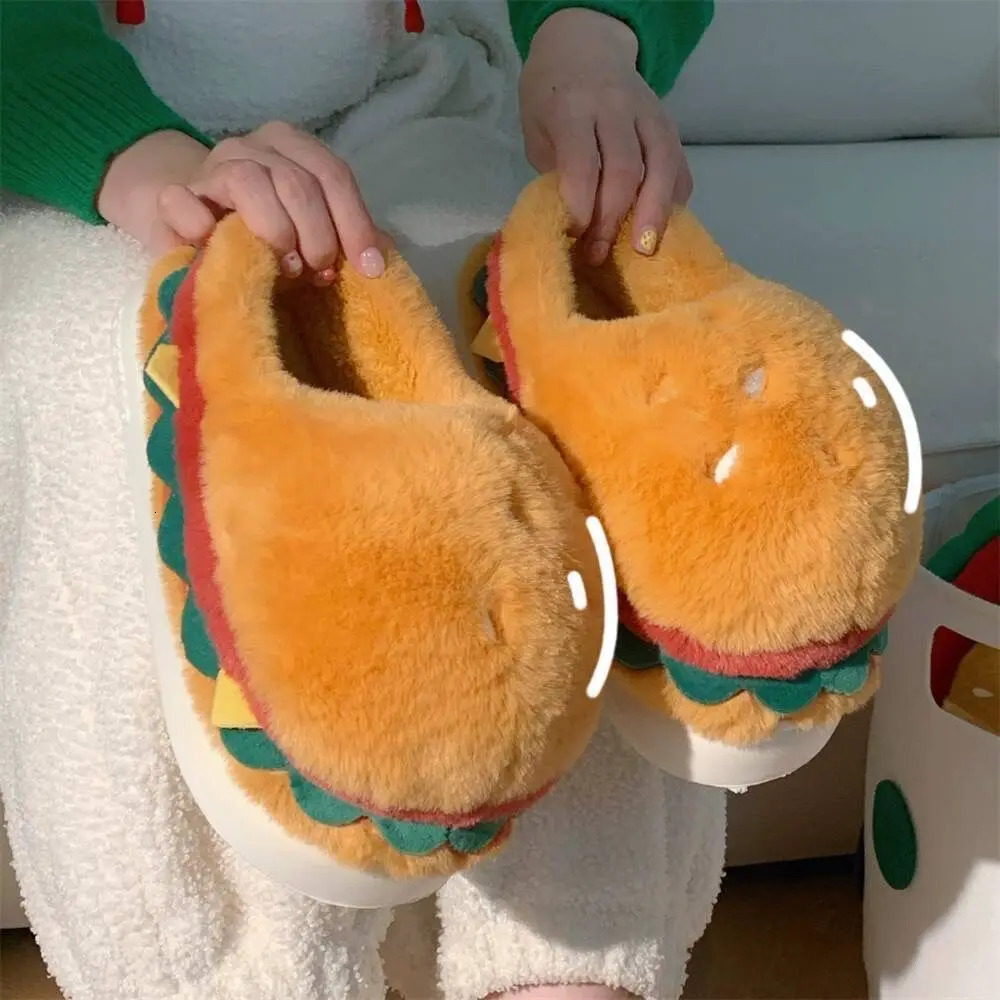 Women Winter Warm Slippers Cute Cartoon Hamburger Home Floor Platform Shoes Thick Sole Soft Plush Girls Indoor Fluffy Slipper 241211