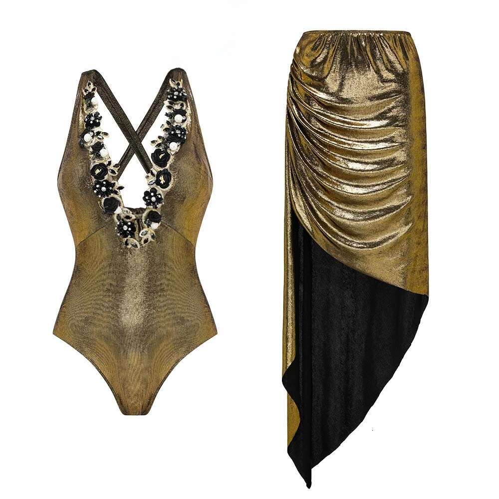 Women's Swimsuit Push Up Swimwear Monokini Gold Shiny Beaded Wers Deep V-Neck One Piece Swimsuit And Skirt Bodysuit Bathing Suit