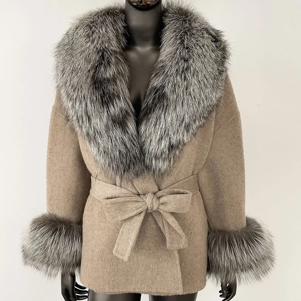 Belt Pocket Winter Jacket Natural Real Raccoon Fox Fur Blends Wool Coat Women Loose Outerwear Casual Streetwear 241211