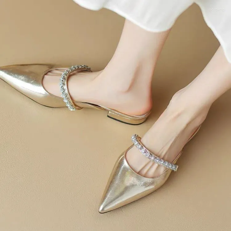 Slippers Pointed Toe Low Shoes Mules For Women 2024 Ladies' Glitter Slides Cover Sier Jelly Flat Crystal Rome Hoof Heels Fabri