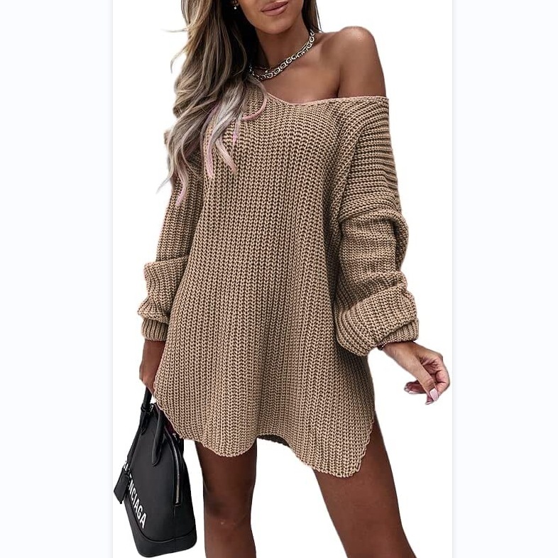 Casual Dresses Solid Color Loose Knit Sweater Autumn And Winter New Style Pullover V-Neck Sweater For Women