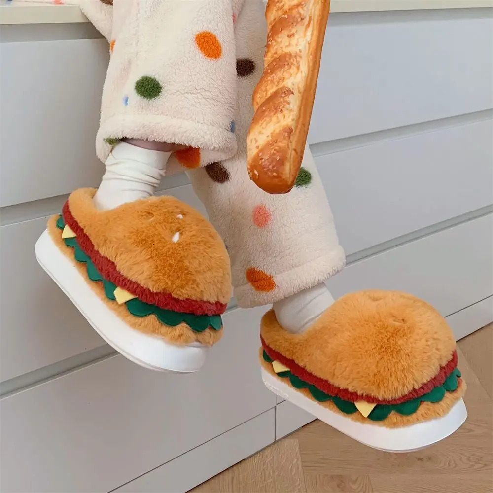 Women Winter Warm Slippers Cute Cartoon Hamburger Home Floor Platform Shoes Thick Sole Soft Plush Girls Indoor Fluffy Slipper 241211