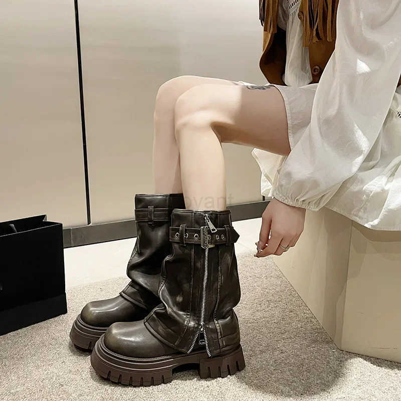 New Desinger Zipper Buckle Belt decorate Wen Platform Mid-Calf Boots Chunky Punk/Motorcycle/Goth shoes Booties Black/Brown Z241211