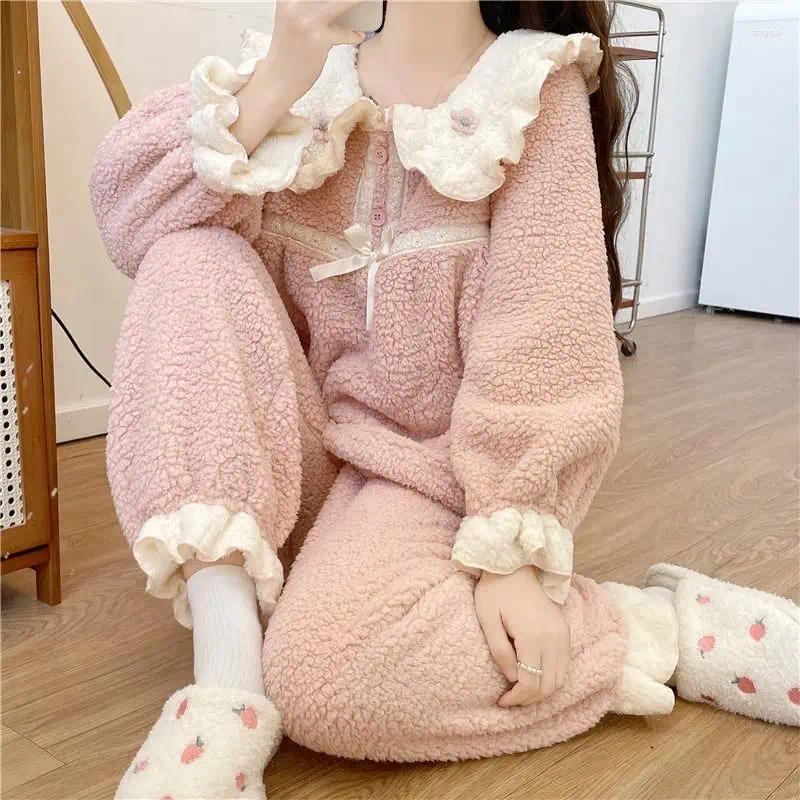 Womens Pants Short Princess Style Doll Collar Coral Fleece Pajamas Flannel Home Suit Set For Winter