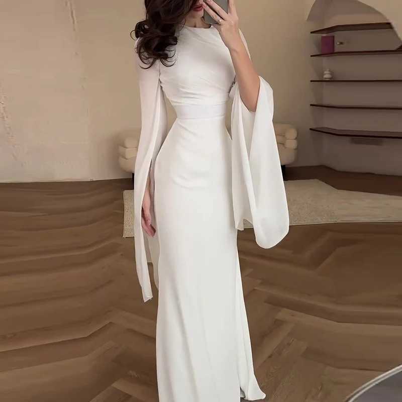 Fashion Satin Solid Robe Dress Ladies Temperament O-neck Slim Evening Dress Elegant Batwing Sleeves High Waist Pleats Long DressXJ241210