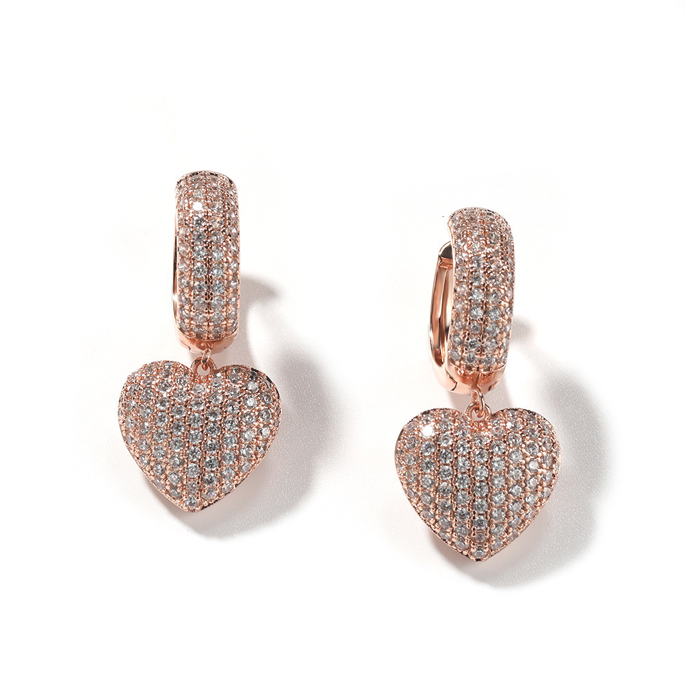 Hip Hop Cubic Zircon Heart Dangle Huggie Hoop Earrings For Men And Women Full Diamond Love Heart Dangle Ear Ring Bling 18k Rose Gold Cz Stones Pendien