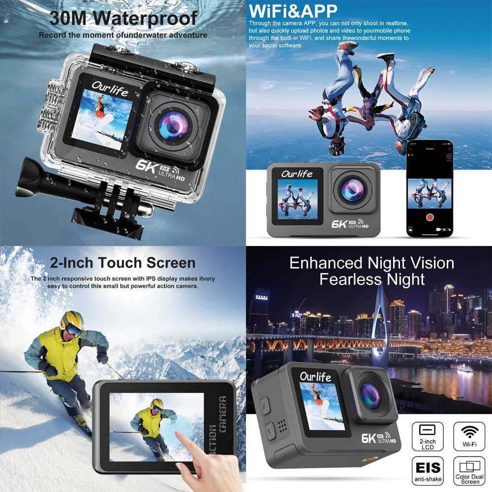6K action camera 5K60FPS 4K60FPS 50MP 2.0-inch touch LCD EIS dual Sn WiFi 170D waterproof 30M 5X Zo sports camera with remote control Y241211