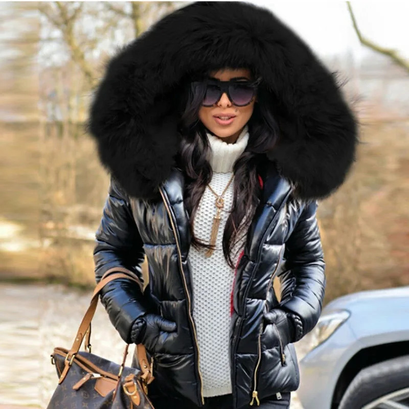 Thick Parka Fur Collar Hooded Women Jacket Coat Winter Ladies Casual Zipper Short Fashion Cotton Padded Warm Outwear 241209