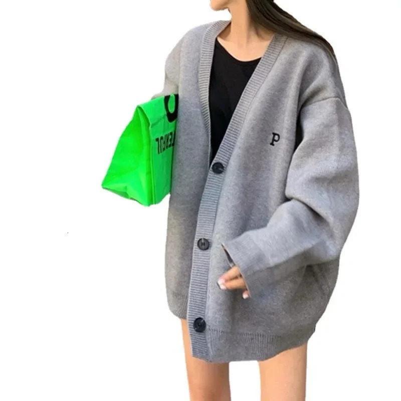Vintage LooseFit Long Sleeve Knitted Cardigan Embroidered Letter Dongdaemun Style Sweater Jacket For Women 241211