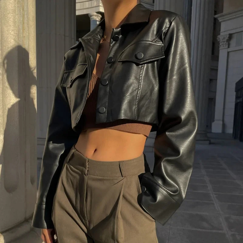 Autumn Sexy Streetwear Black Leather Jacket Short For Women Slim TurnDown Collar Single Breasted Locomotive Crop Outerwears 241205Z
