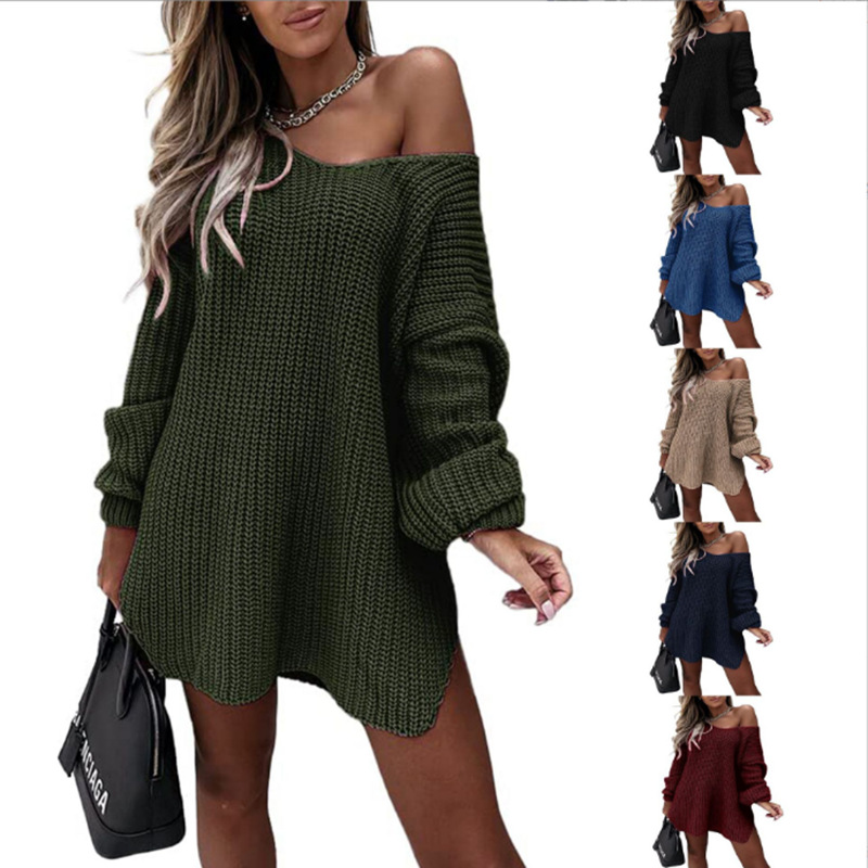 Casual Dresses Solid Color Loose Knit Sweater Autumn And Winter New Style Pullover V-Neck Sweater For Women