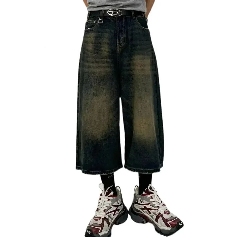 Mens Summer Solid Color Trendy Deep Blue Denim 7Piece Versatile LooseFit WideLeg StraightLeg Shorts 241211