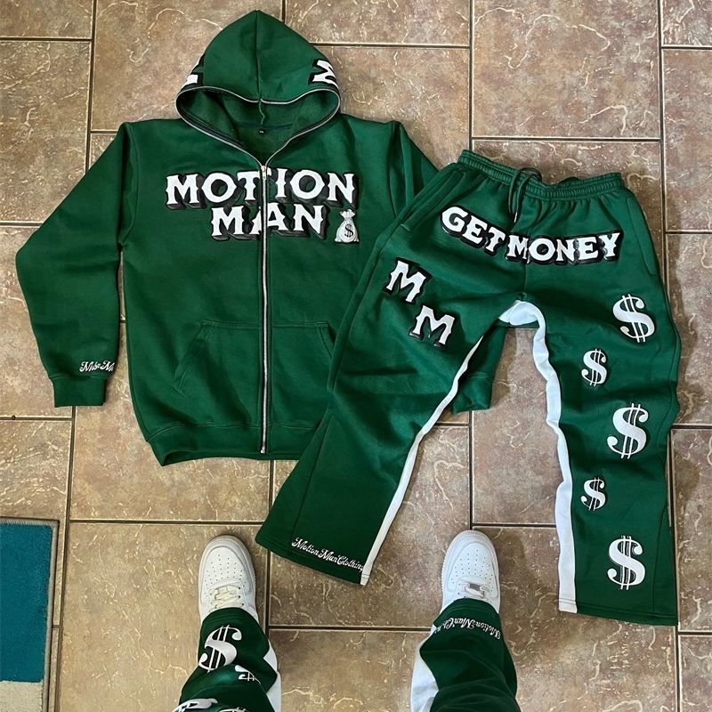 Autumn Winter Sport Y2K Street Europe Hip Hop Set Loose Zipper Hoodie Two Piece High Waist Pant Sweatshirt Sportswear 241203