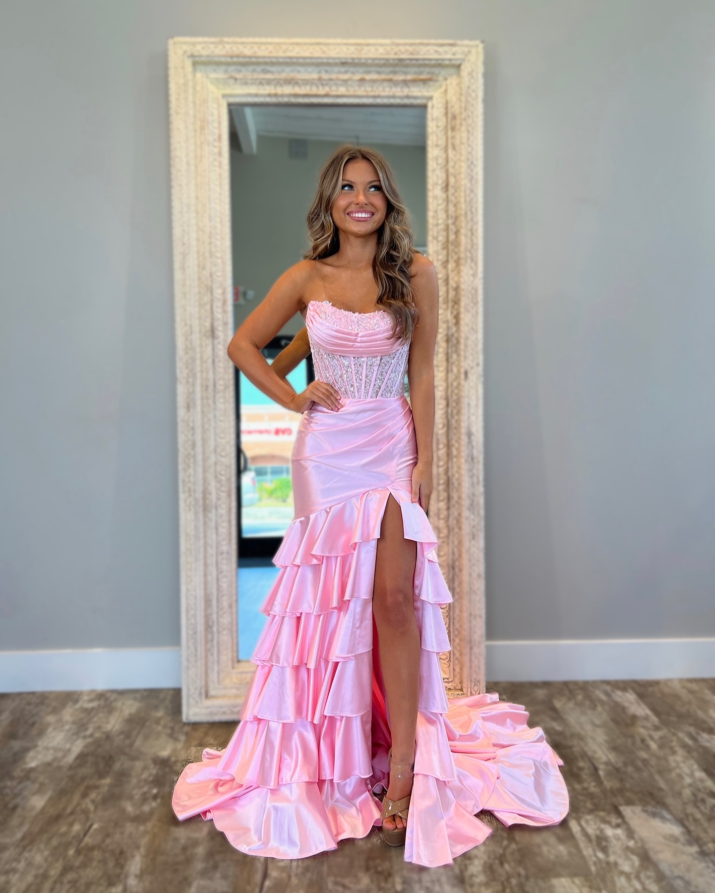 Pink Gorgeous Mermaid Prom Dress Bone Bodice Strapless Evening Tiered Skirt Front Split Dresses For Special Ocns D es