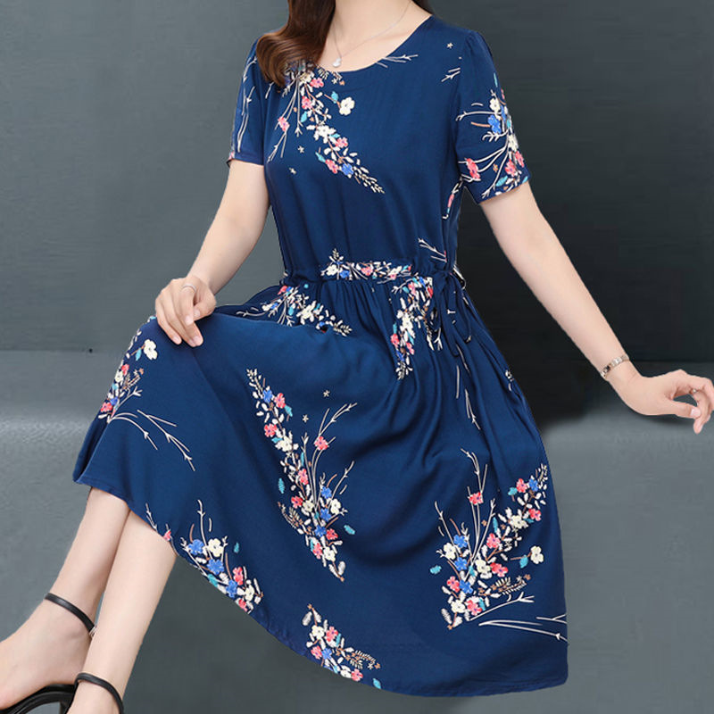 M9242 Spring and summer new large size women's floral dress middle-aged and elderly mother's dress loose slim fat age-reducing skirt