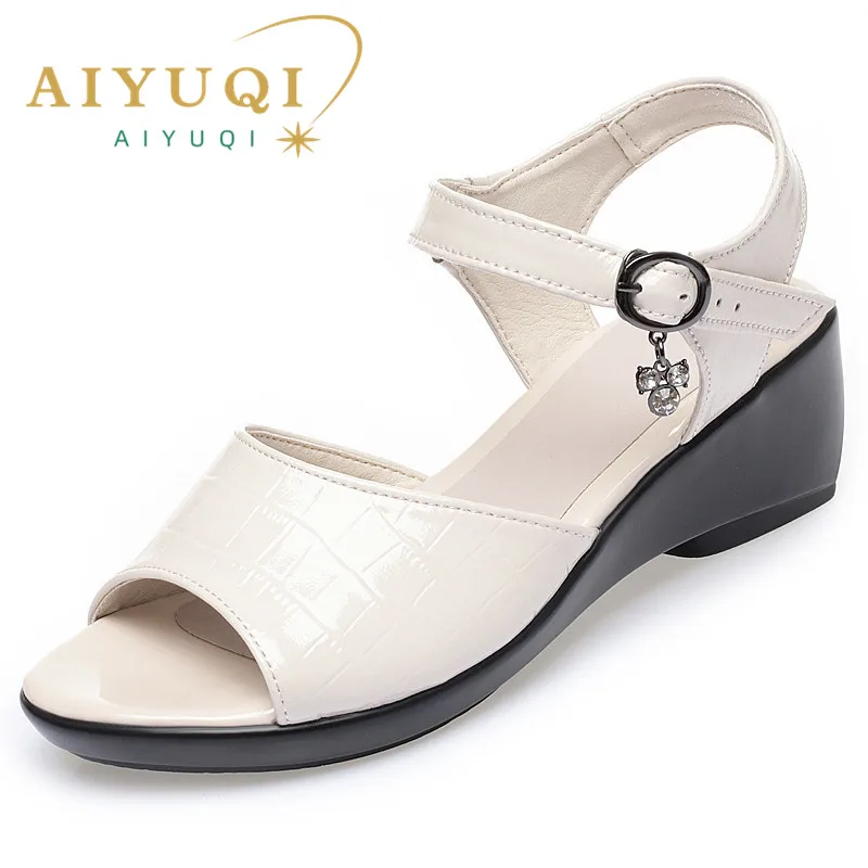 AIYUQI Women Sandals Summer Genuine Leather Sandals Ladies Non-slip Large Size Wedge Mother Sandals