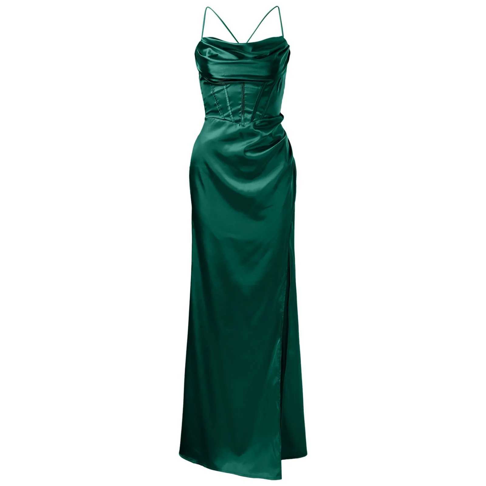 Women Sexy Sleeveless Slip Dress Smooth Silk Pleated Halter Solid Color Long Skirt Front Fork Backless Party Fashion Gala DressXJ241210