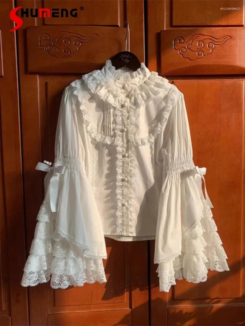 Women's Blouses French Vintage Court Style Lolita Shirt Womens Autumn Slim-Fit Lace Flared Sleeve White Elegant Inside Female Tops Mujer