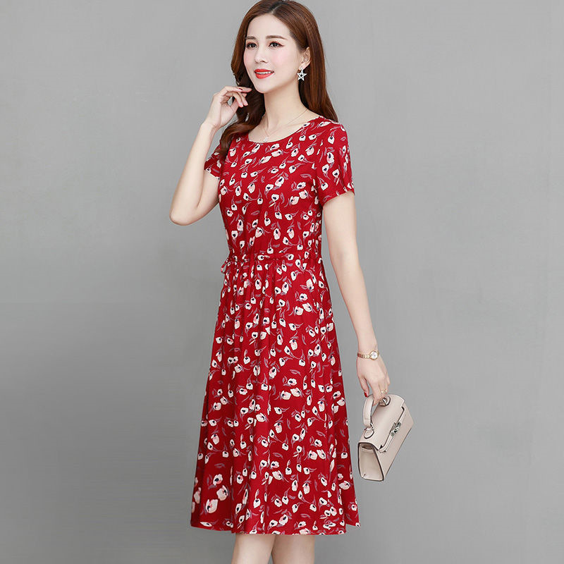 M9242 Spring and summer new large size women's floral dress middle-aged and elderly mother's dress loose slim fat age-reducing skirt