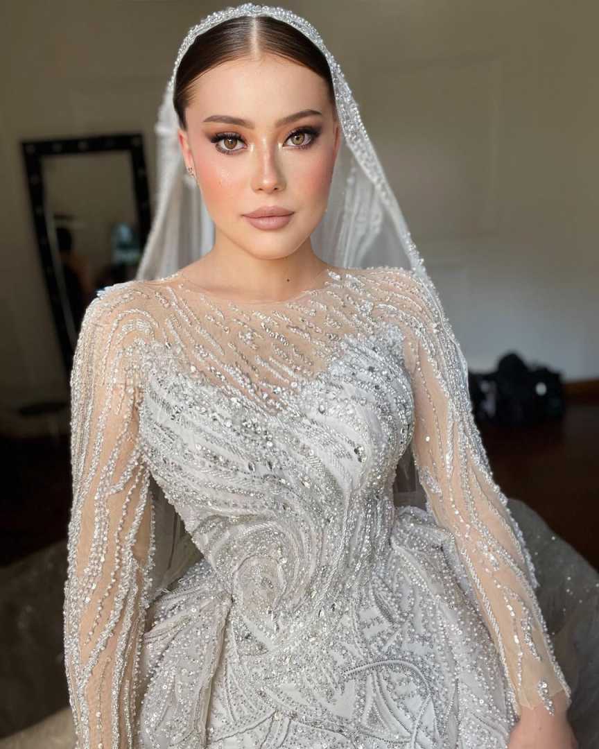 Mermaid Dresses For Women O Neck Long Sleeves Gown Sequins Appliques Sweep Train Customized Dress Party Vestido De Novia