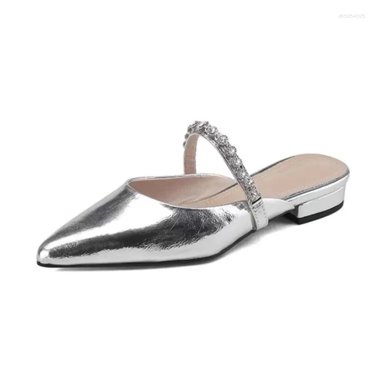 Slippers Pointed Toe Low Shoes Mules For Women 2024 Ladies' Glitter Slides Cover Sier Jelly Flat Crystal Rome Hoof Heels Fabri