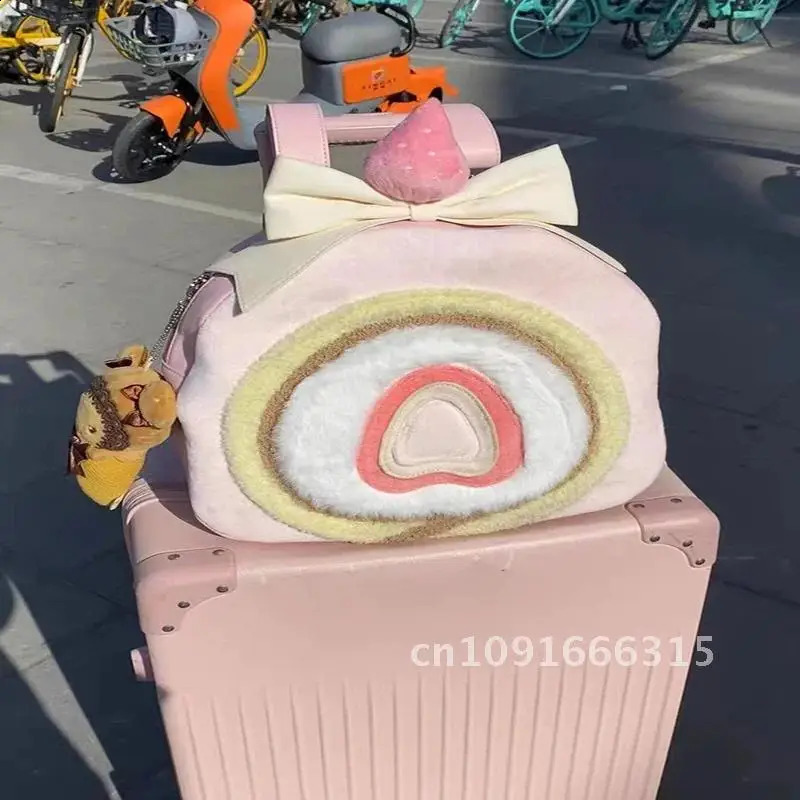 Cute Plush Strawberry Cake Roll Bags For Women Kawaii Pink Lolita Backpack Christmas Gift Quadratic Element Adjustable Strap 241210
