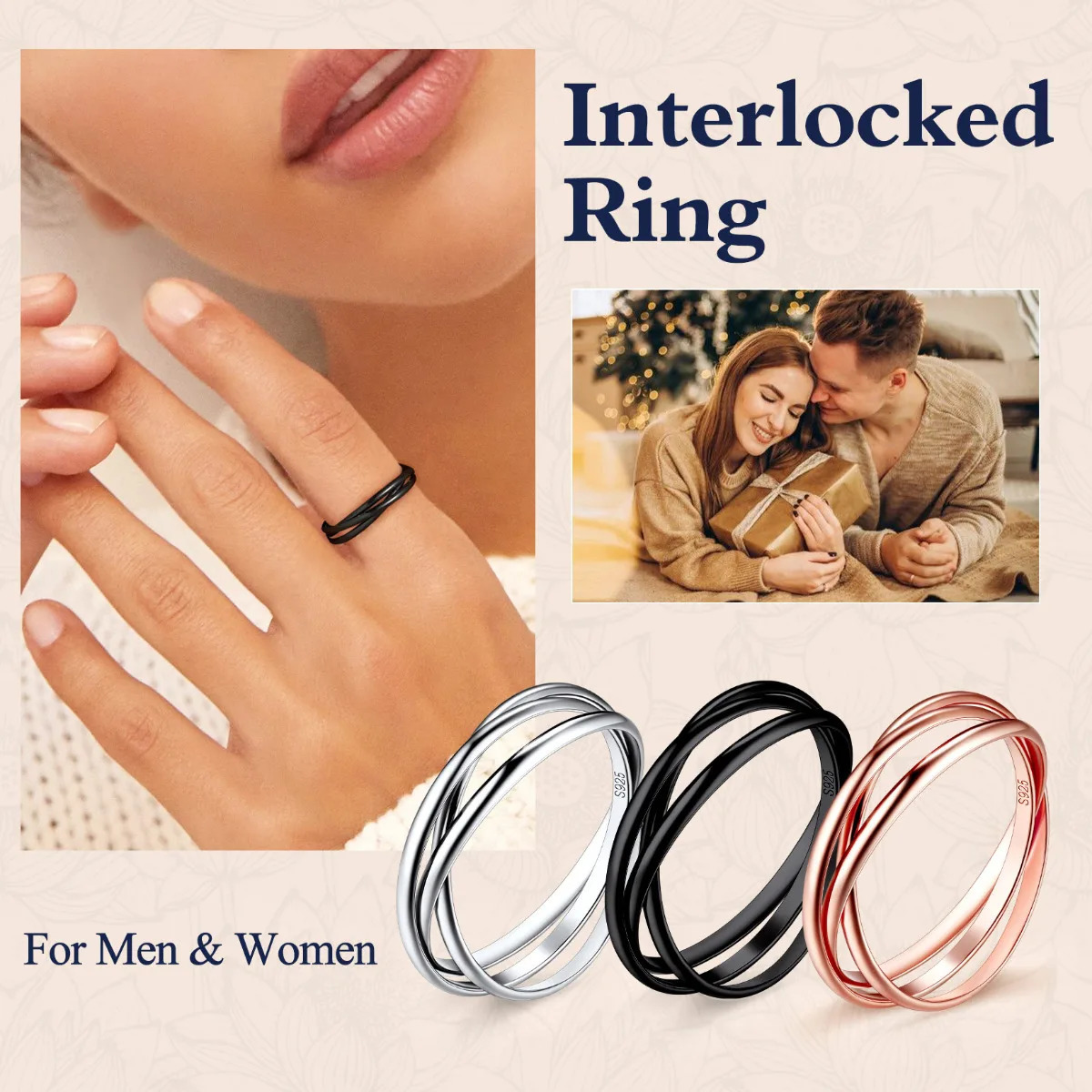 U7 925 Womens Silver Interlocking Ring Triple Interlocking Flat Rolling Ring Anniversary Birthday Jewelry Gift 241209
