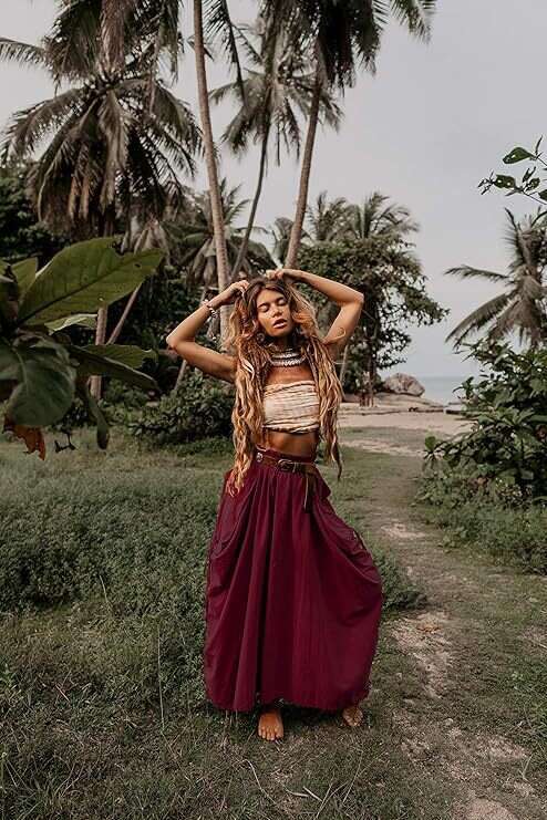 New European American Women's Casual Half With Drawstring And Large Pockets, Bohemian Loose Organic Cotton Long Skirt