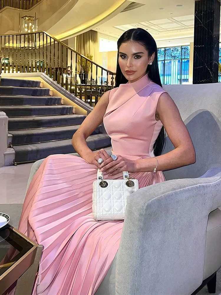 Women Elegant Pink Pleated Stand Collar Long Dresses Fashion Sleeveless Waist Up Slim Fit Vestidos New Female High Street RobesXJ241210
