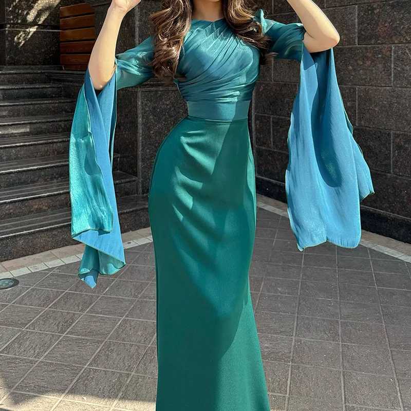Fashion Satin Solid Robe Dress Ladies Temperament O-neck Slim Evening Dress Elegant Batwing Sleeves High Waist Pleats Long DressXJ241210