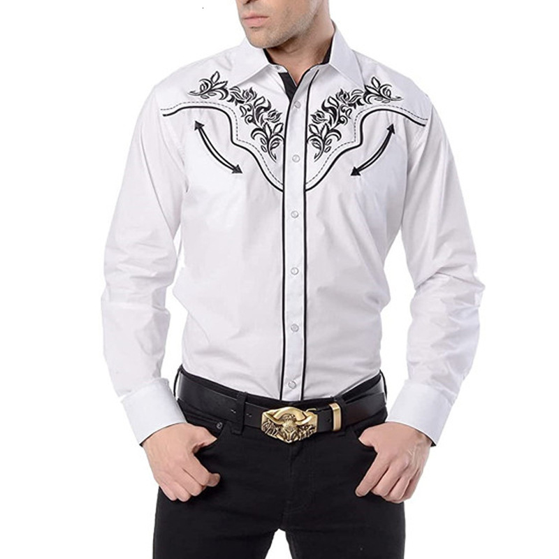 2024 new men's fashion embroidered shirt american western style pattern embroidered loose long sleeve shirt